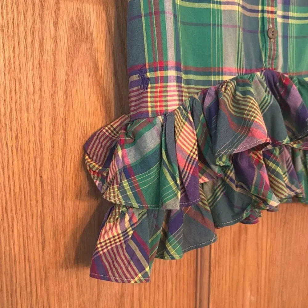 RALPH LAUREN Girls Plaid Ruffle Tank Top Madras Preppy Sleeveless